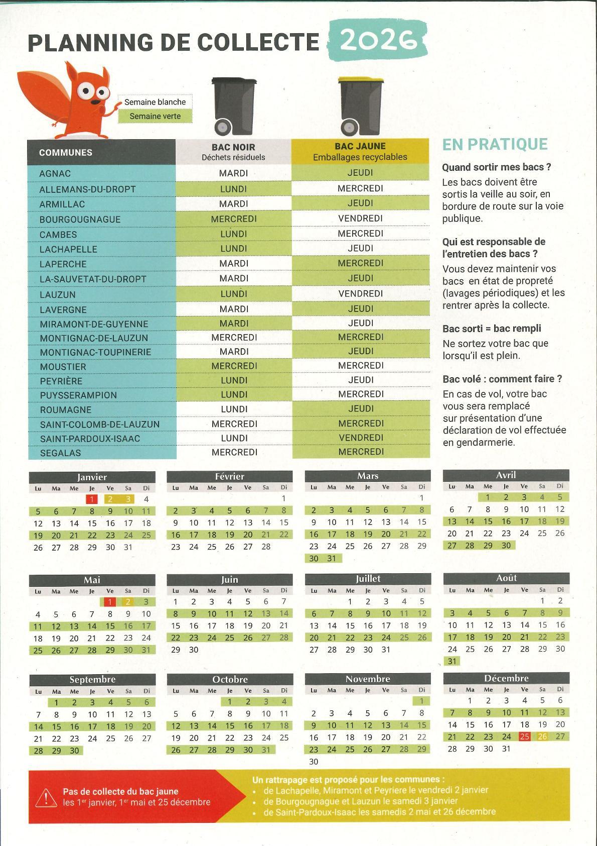 Calendrier collecte 2026